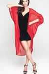 Model wearing 3 paneled red silk kimono